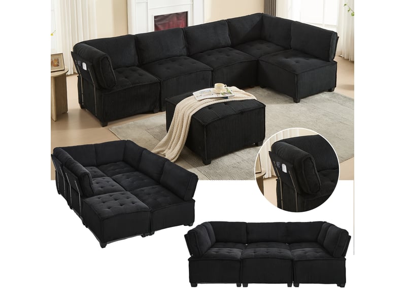  Canapé modulable 6 places en velours côtelé noir, convertible en couchage, avec poches latérales pratiques  - Conforama E