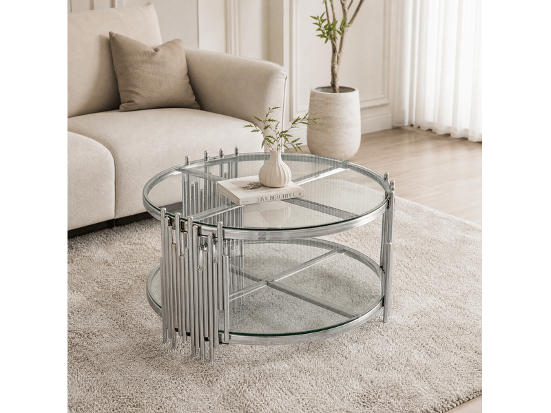  Table basse ronde 80x80x45 cm avec double niveau en métal argenté et transparent, élégant, pour salon, design moderne  - Conforama B