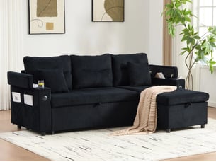 Canapé droit convertible <strong>BIQZUYA</strong> <strong></strong> 3 places Velours noir avec coffre de rangement