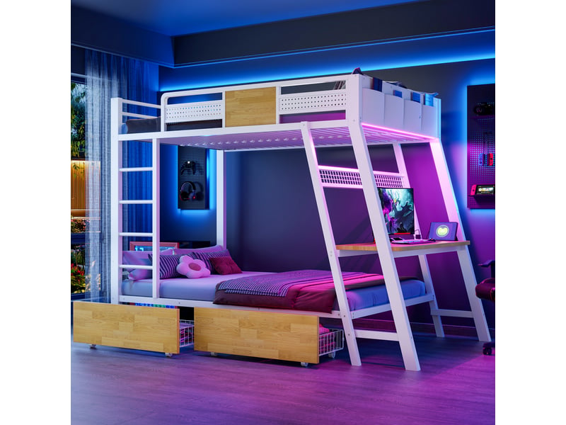 Lit superposé adolescent 2 places 90x200 cm - avec bureau, led, prises usb et type-c - rangement - métal blanc - Conforama D