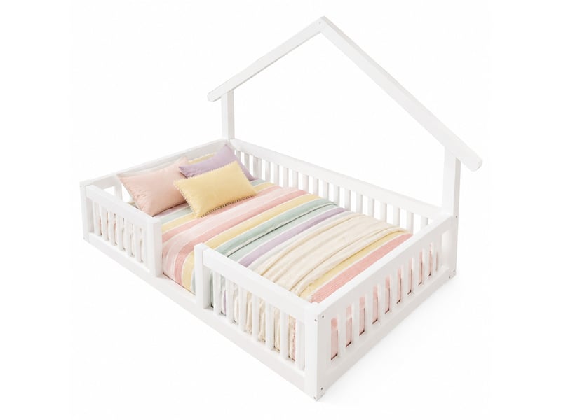  Lit maison, 90x200 cm, lit maison, avec barrière de sécurité, lit au sol, led, matelas non inclus, bois, coloris blanc  - Conforama A