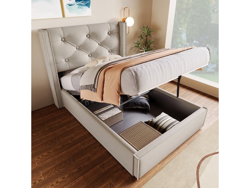  Lit coffre simple 90×200 cm en coton gris clair, lit avec rangement sous sommier relevable et tête capitonnée, sans matelas  - Conforama C