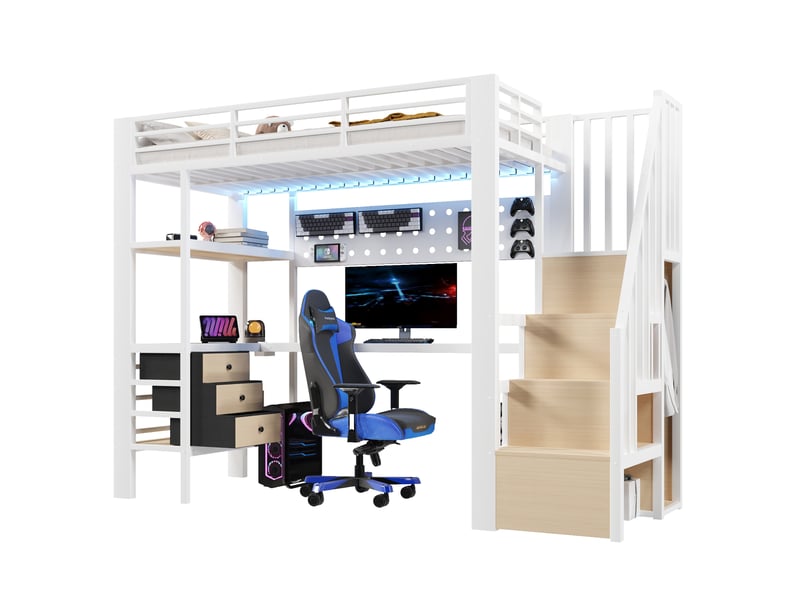  Lit mezzanine 90 × 200 cm 1 place avec 3 tiroirs, étagères, bureau, prise et led réglable, sans matelas, blanc  - Conforama A