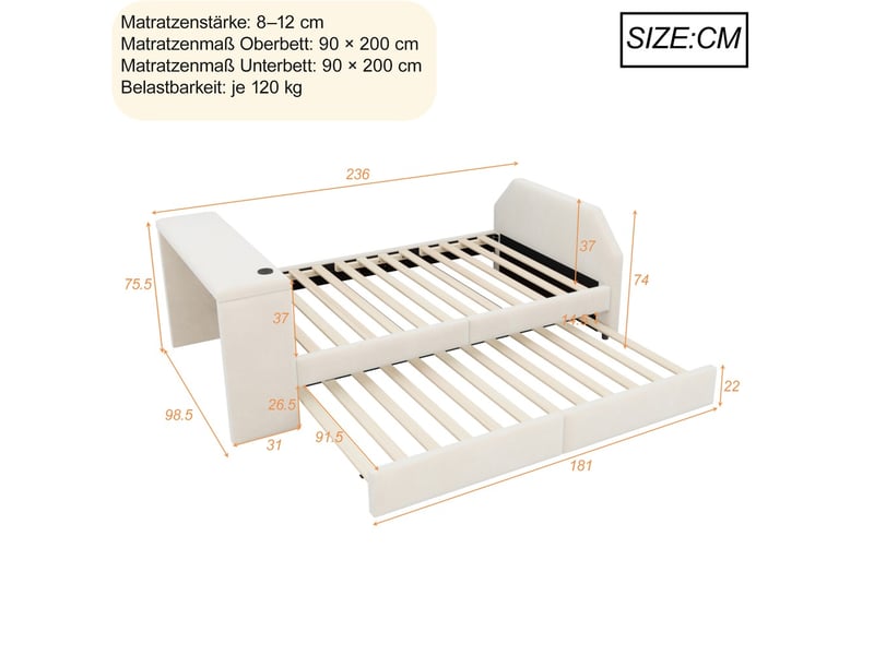 Lit jeune, coloris beige, matière velours, couchage 90x200 cm, dimensions : 236 x 98.5 x 75.5 cm - Conforama C