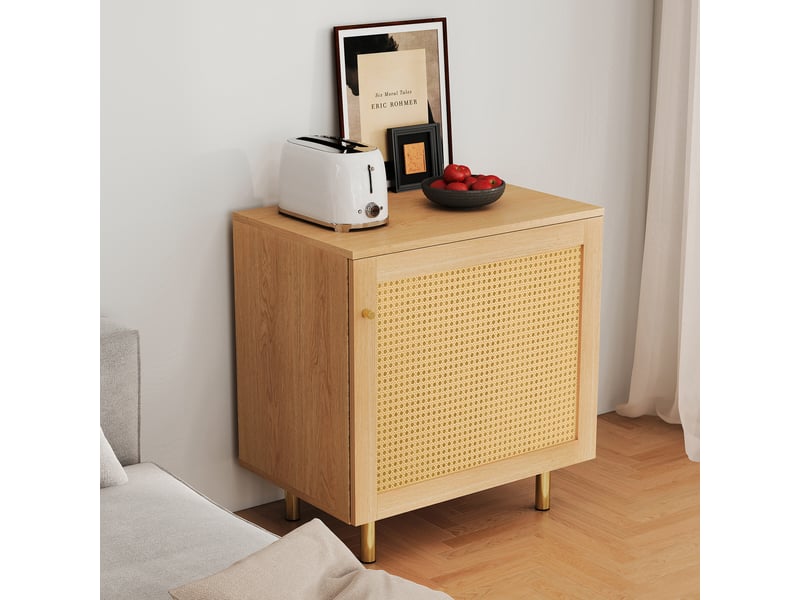  Buffet 1 porte avec étagère et façade en rotin - lpospi - pieds métal doré, mdf décor bois naturel 60 × 40 × 63 cm  - Conforama C