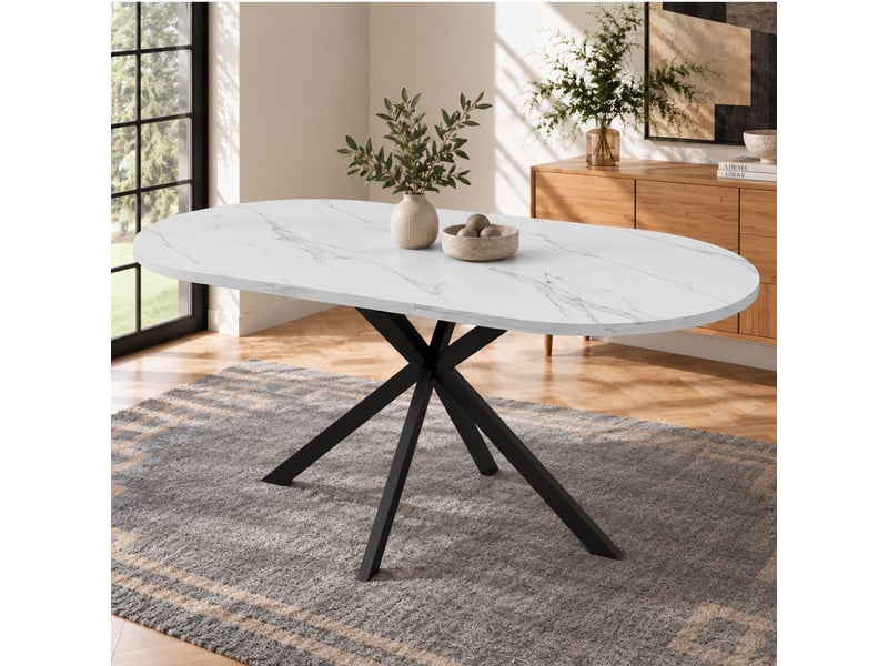 Table à manger extensible 120160x80x75 cm pour 4-6 personnes, plateau ovale effet marbre, pieds en métal, design moderne salle à manger - mdf-blanc - Conforama B