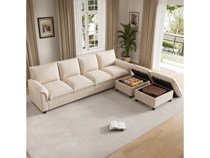 Canapé d'angle panoramique 4 places 264,5 x 142,5 x 84 cm en chenille avec 2 poufs mobiles et rangement - beige Fay Lum - Conforama B