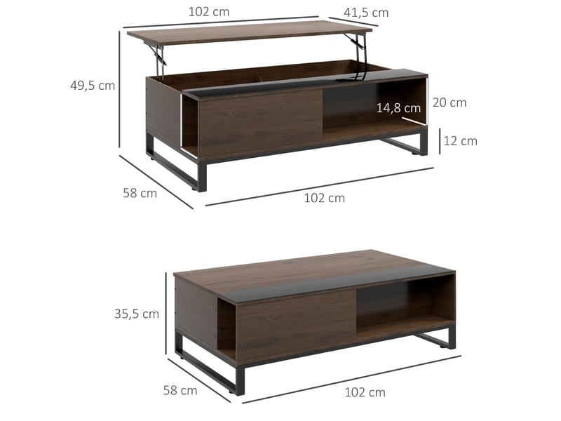  Table basse relevable avec 2 compartiments cachés et étagère ouverte, plateau en verre, noyer et noir pour salon  - Conforama C