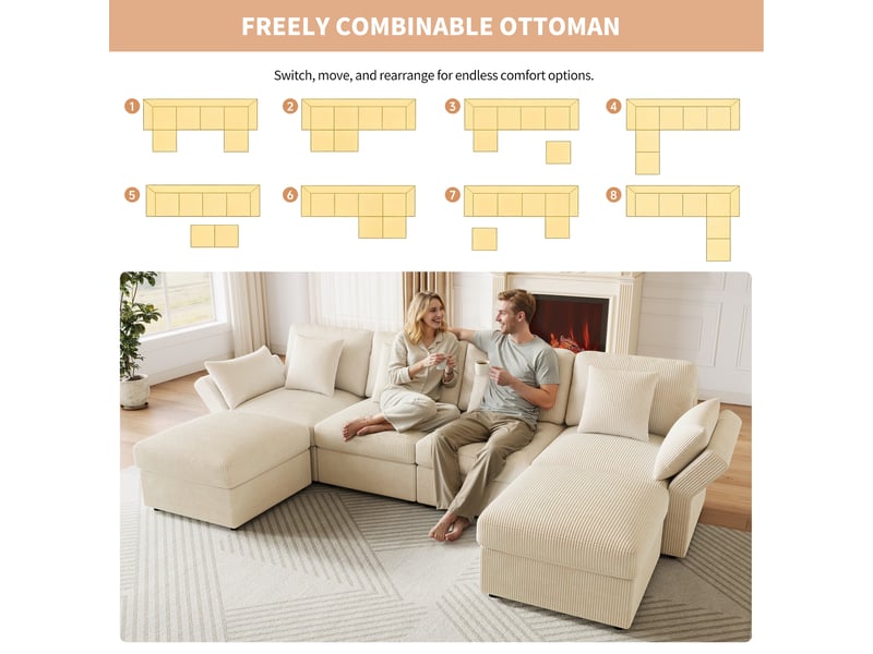  Canapé d'angle panoramique fixe 4 places velours côtelé beige canapé d'angle beige - Conforama E