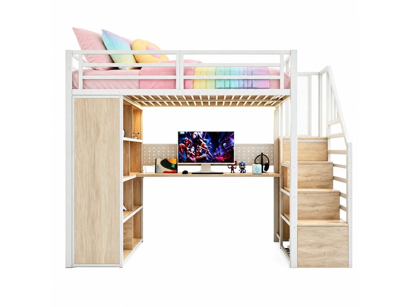  Lit mezzanine,90x200 cm,avec bureau et led,métal,blanc  - Conforama A