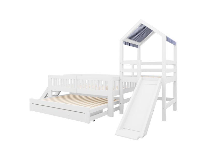  Lit gigogne 90x190 cm - lit cabane enfant 90x200 cm avec toboggan - escalier, tiroirs et toit en tissu - blanc  - Conforama R