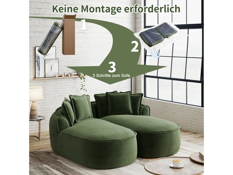 Canapé de salon, canapé cloud — coussins inclus, style cloud, vert, en chenille, avec méridienne, sans cadre, sans montage - Conforama W