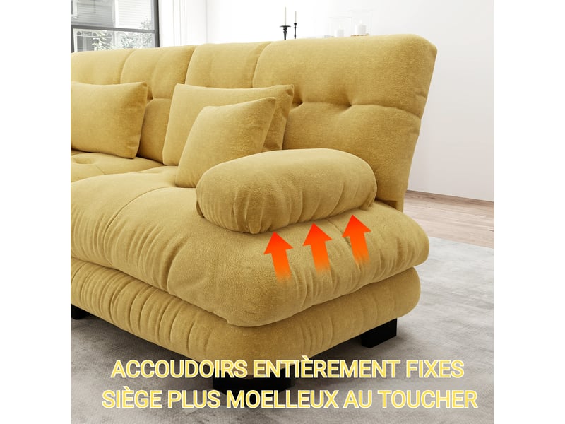  Canapé d'angle en chenille - 220x145x81 cm - jaune - 2 coussins lombaires - 2 coussins décoratifs - accoudoirs larges  - Conforama R