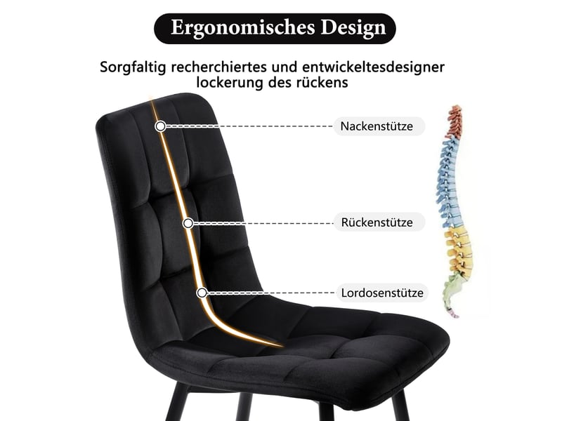  Ensemble de 4 chaises de salle à manger en velours, chaises de cuisine rembourrées avec dossier et pieds en métal, chaise rembourrée moderne, chaise confortable pour salon, salle à manger et cuisine (noir)  - Conforama E