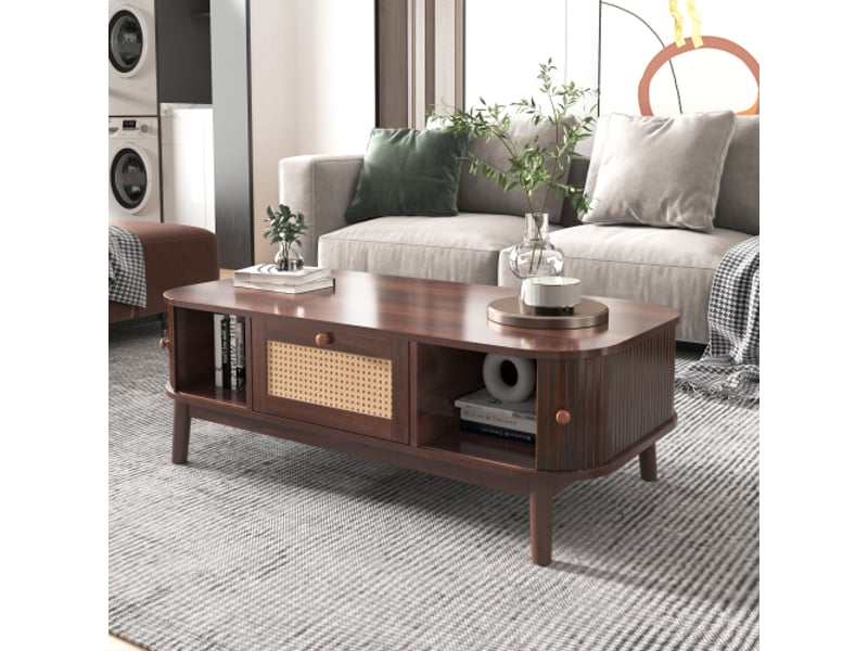  Table basse bois 110x55x38cm rotin avec tiroirs et portes coulissantes en bois massif style champêtre naturel, couleur noyer  - Conforama B