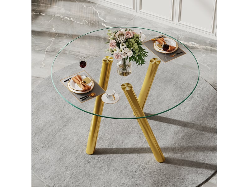  Table de salle à manger ronde 89 cm en verre trempé avec pieds en métal doré  - Conforama D
