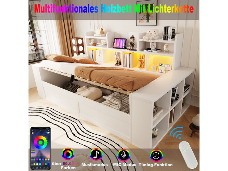  Lit banquette 90 x 200 cm, rangement hydraulique, niches et étagères, prise intégrée et éclairage led, blanc evarich - Conforama D