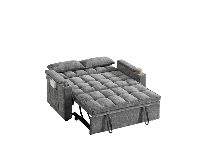 Canapé convertible 3-en-1 142 cm, avec fonction relax et couchage, rangements, porte-gobelets et coussins lombaires, chenille, gris OMNIGLINT TRADING LTD - Conforama A
