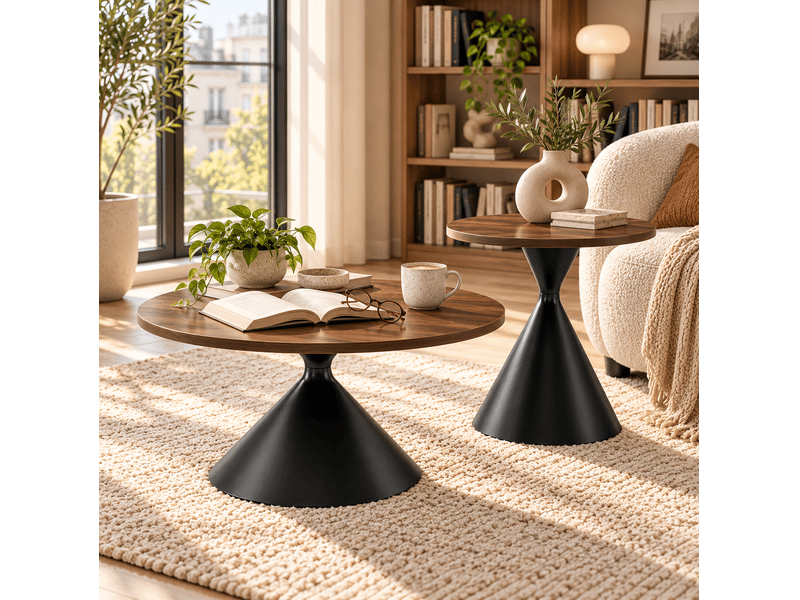  Set de 2 tables rondes ø70 x h40 cm et ø50 x h55 cm en métal noyer et noir  - Conforama C