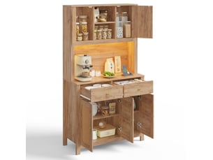 Buffet de cuisine 100x40x180 cm avec led, prises et portes en rotin coloris naturel