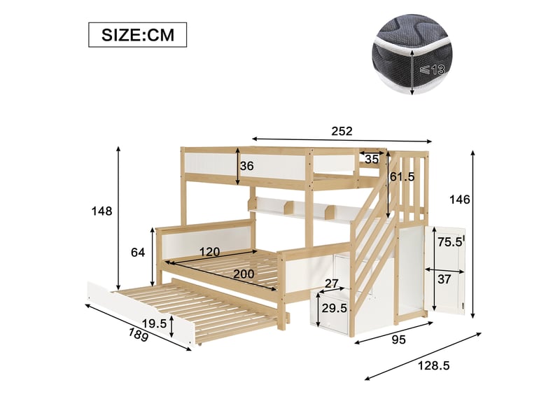 Lit superposé enfant 90x200 et 120x200 cm avec lit gigogne, blanc et naturel - Conforama E