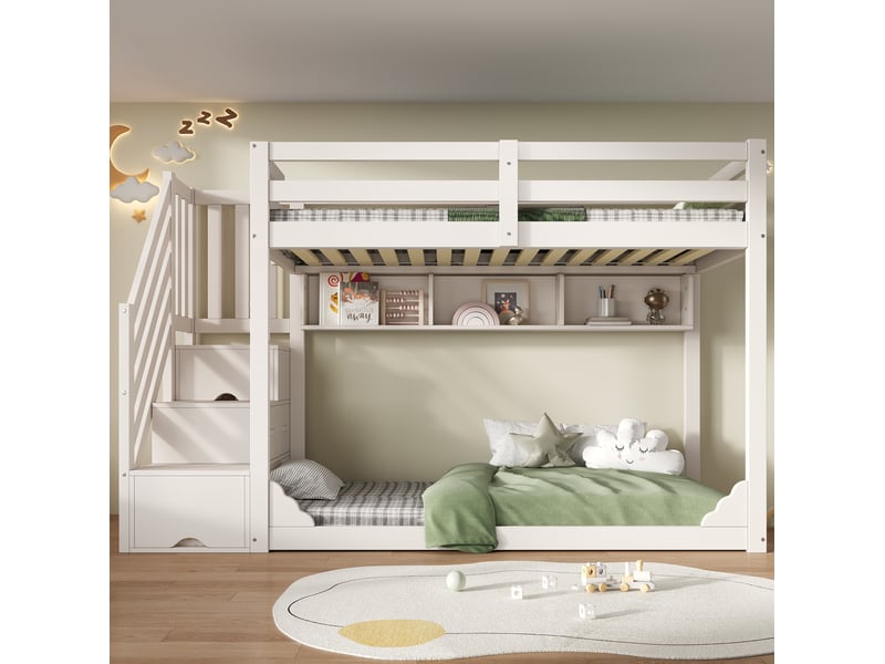  Lit superposé enfant 2 x 90x200 cm blanc avec escalier, rangements sans matelas  - Conforama E