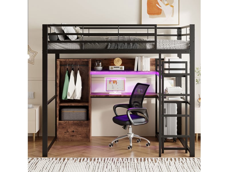  Lit mezzanine 140x200 cm led intégrées bureau tiroir rangements garde-corps escalier métal mdf sans matelas noir  - Conforama B