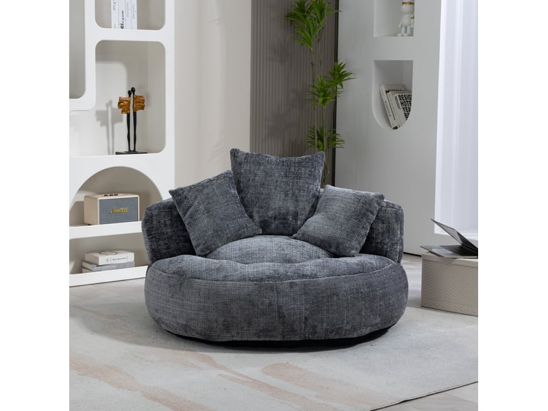  Fauteuil poire modenvie en chenille gris avec dossier haut, accoudoirs et trois coussins 108 x 108 x 52 cm  - Conforama B