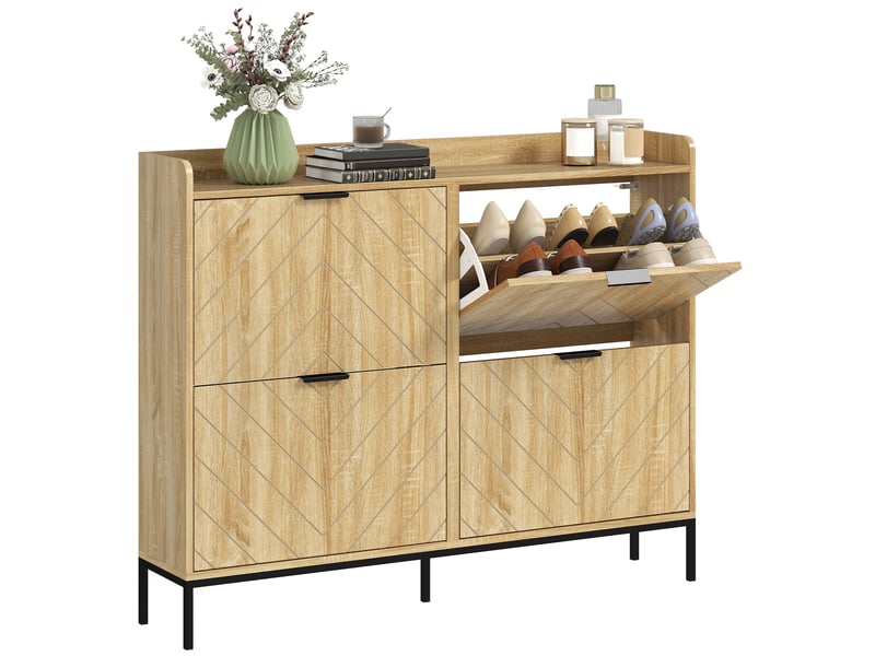  Meuble à chaussures 16 paires avec 4 tiroirs, portes rabattables, étagères réglables, 110 x 23,5 x 95,5 cm, chêne  - Conforama A
