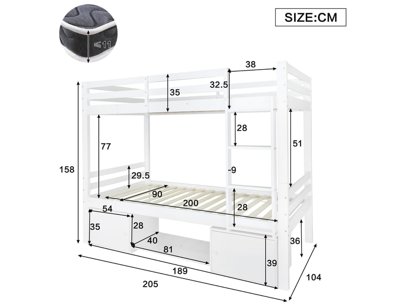  Lit superposé enfant 90x200 cm – blanc – séparable en 2 lits avec rangements et étagères à chaussures pratiques  - Conforama C