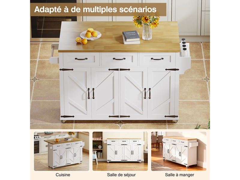 Îlot de cuisine 140x43x90,5 cm, desserte extensible avec tiroirs, portes, étagère et porte-serviettes, mdf, blanc et naturel - Conforama W