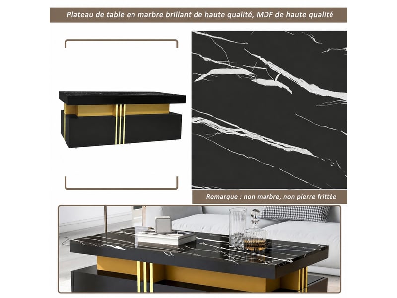 Table basse de salon muvano, ensemble meuble tv et table basse noir à 5 tiroirs effet marbre - Conforama D