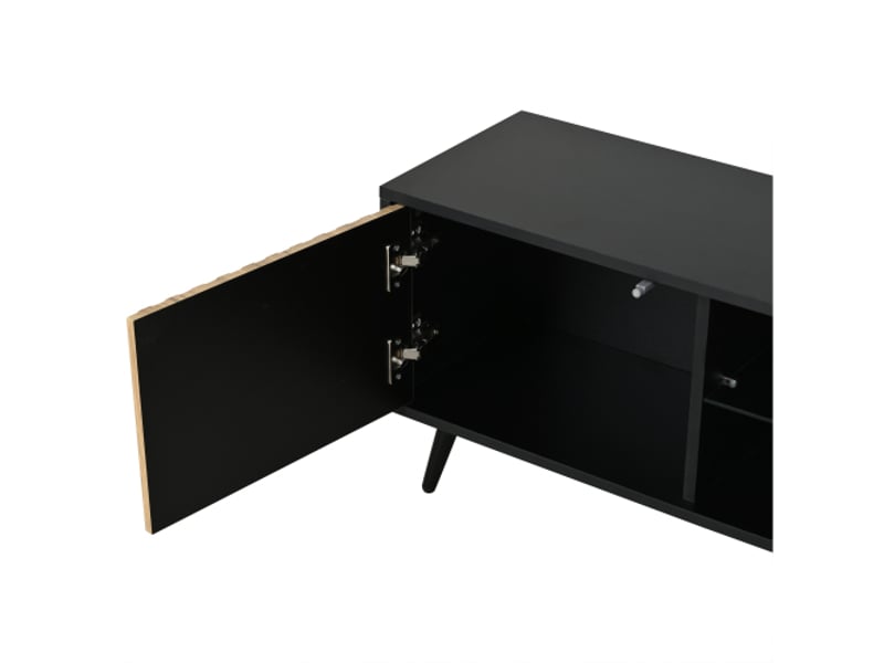  Meuble tv led 175 x 31 x 43,5 cm - bois naturel et noir, 3 portes, 6 pieds, verre trempé, adapté pour écran 75 pouces  - Conforama E