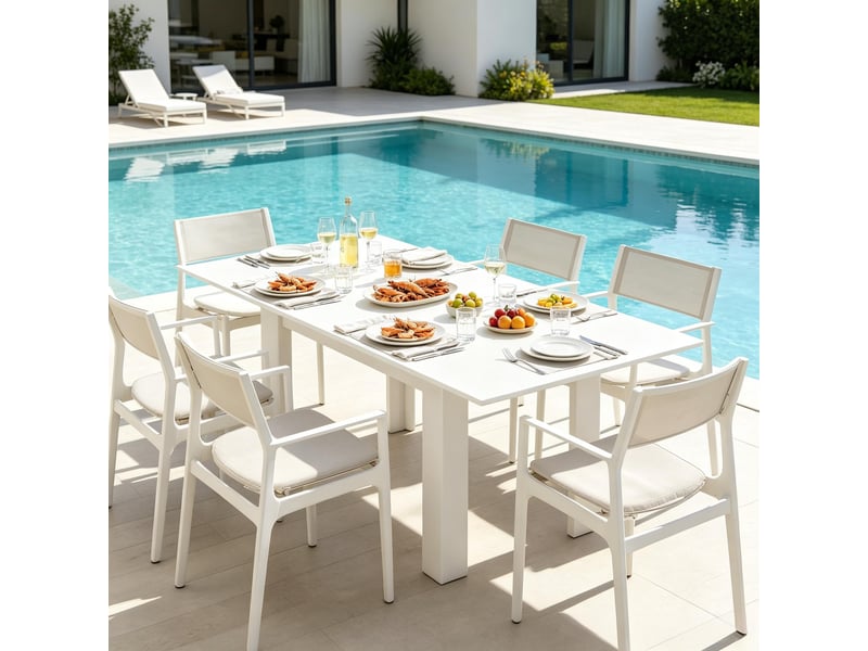  Table à manger extensible pour 6 à 8 personnes, avec rails coulissants en acier, mdf, blanc, 180×80×75 cm  - Conforama D