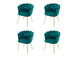 Lot de 4 chaises de salon, chaise rembourrée avec dossier en pétale, pieds en métal plaqué or et coussin papillon, vert, en velours