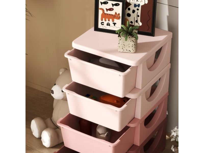 Boîte de rangement enfant rose, 4 tiroirs, bords arrondis, design surélevé, 37x37x76 cm - Conforama E