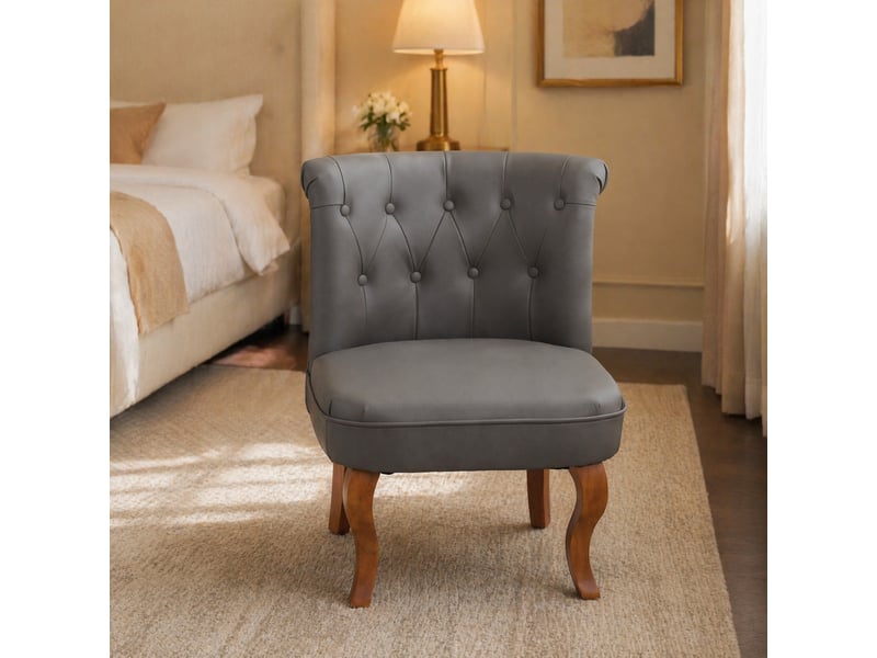  Fauteuil lounge en cuir avec dossier capitonné et pieds en bois, style classique gris  - Conforama B