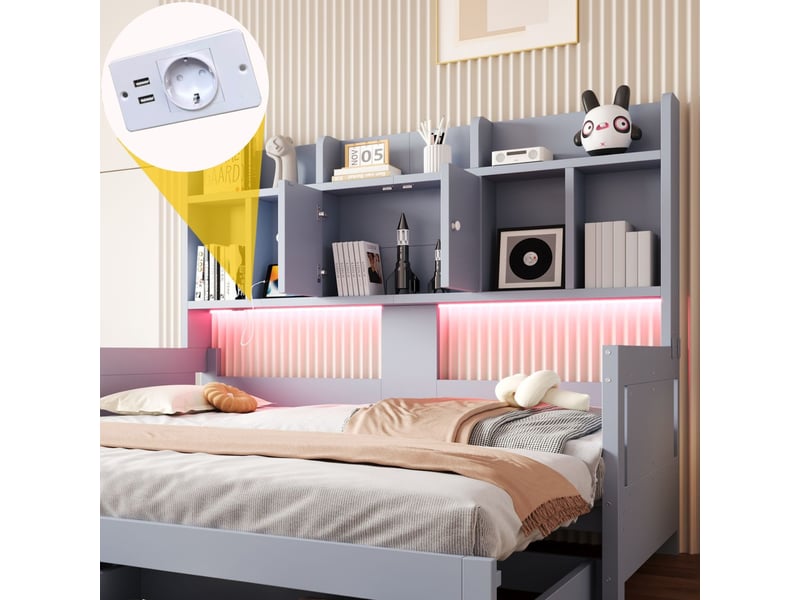 Lit avec tiroirs lit convertible multifonctionnel bois tiroirs de rangement compartiments de rangement ouverts prises intégrées éclairage led gris - Conforama D