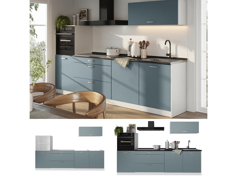  Vicco cuisine, bleu-grisblanc, 280cm plan de travail chêne doré  - Conforama D