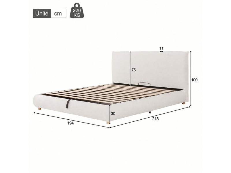  Lit coffre 180 x 200 cm en tissu bouclé blanc avec tête de lit et rangement hydraulique, sans matelas  - Conforama C