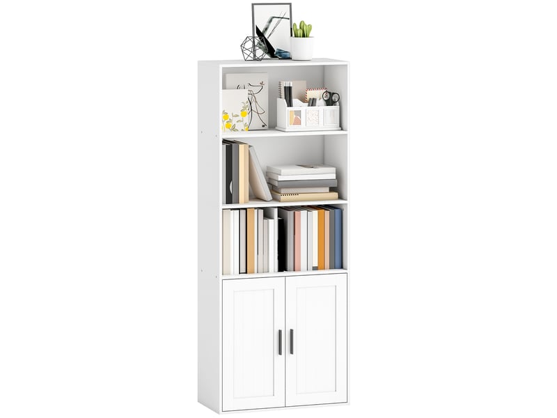  Bibliothèque avec étagères ouvertes et armoire à 2 portes avec étagère intérieure réglable, 60 x 30 x 145,5 cm, blanche  - Conforama A