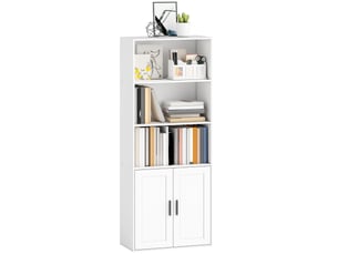 Bibliothèque avec étagères ouvertes et armoire à 2 portes avec étagère intérieure réglable, 60 x 30 x 145,5 cm, blanche