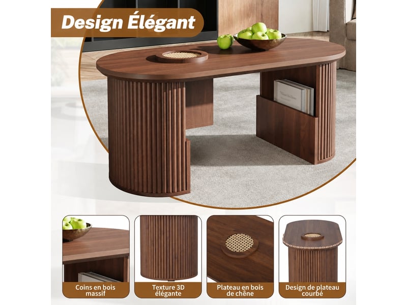  Table basse ovale effet noyer avec texture verticale, 105 x 50 x 46,5 cm  - Conforama D
