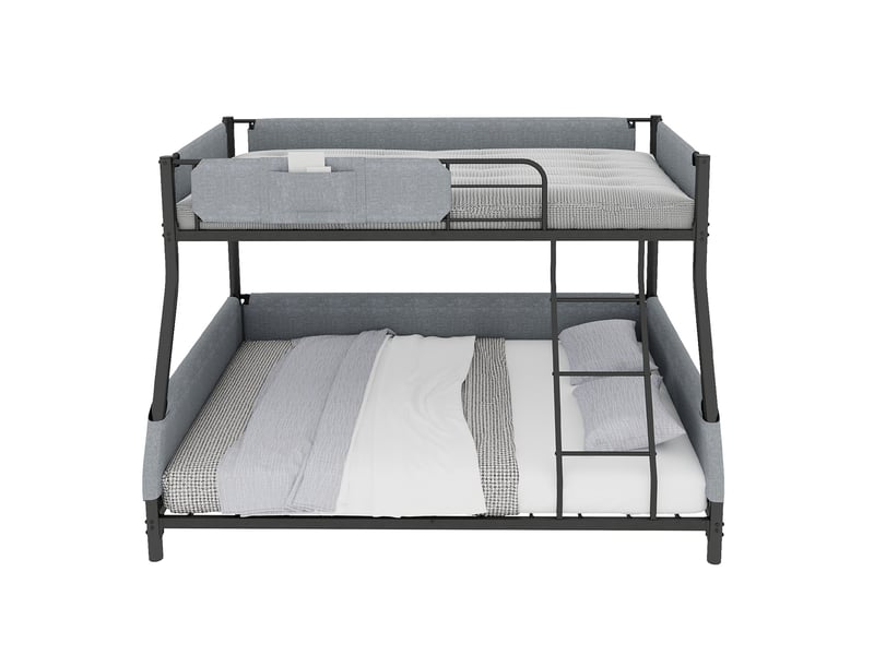 Lit superposé 90x190 cm haut 140x190 cm bas, poche amovible, échelle, fer et lin, noir et gris, sans matelas - Conforama A