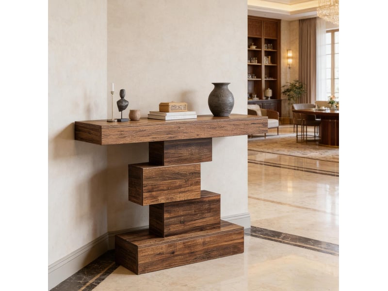  Table console 108 x 30 x 80 cm marron foncé en panneau de particules, base géométrique étagée pour entrée  - Conforama D