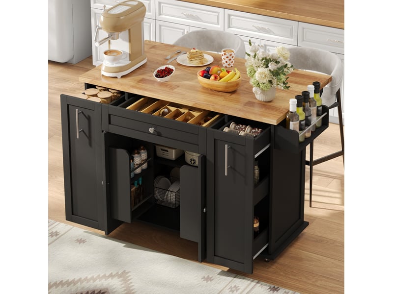  Desserte de cuisine plateau rabattable, 3 tiroirs, 4 portes et roulettes verrouillables, noir naturel 120 × 70 × 87 cm  - Conforama E