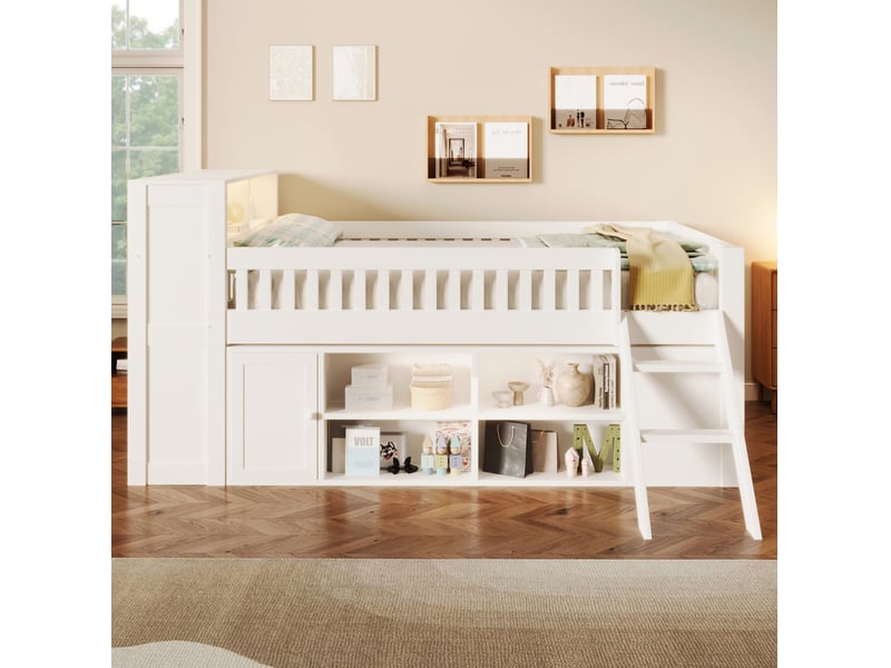 Lit surélevé 140x200 cm avec éclairage led et rangements intégrés, tiroir fermé, mdf et pin, blanc sans matelas - Conforama D