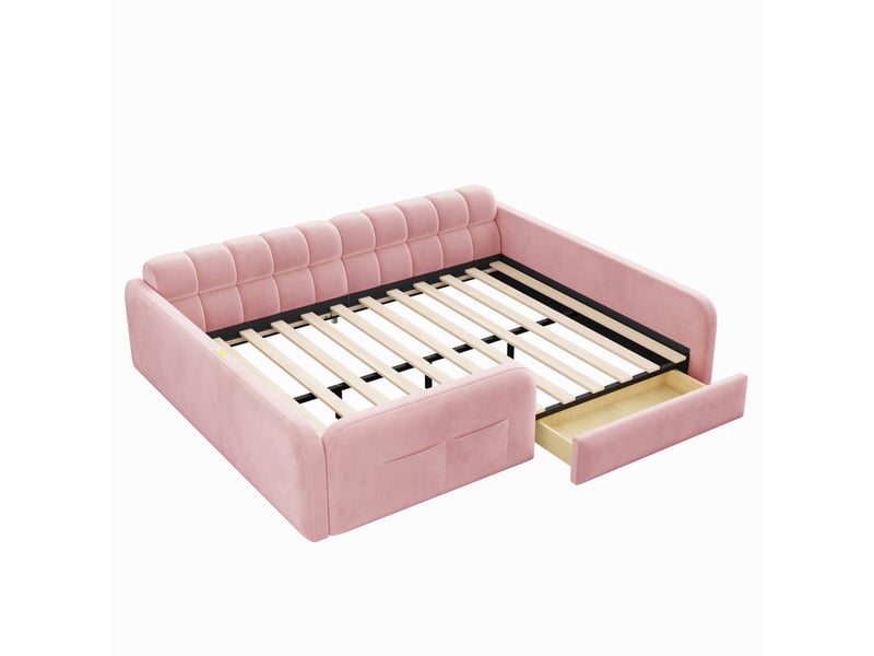 Lit enfant 140x200 cm avec tiroir, veilleuse et ports usb, en velours rose, sans matelas - Conforama R