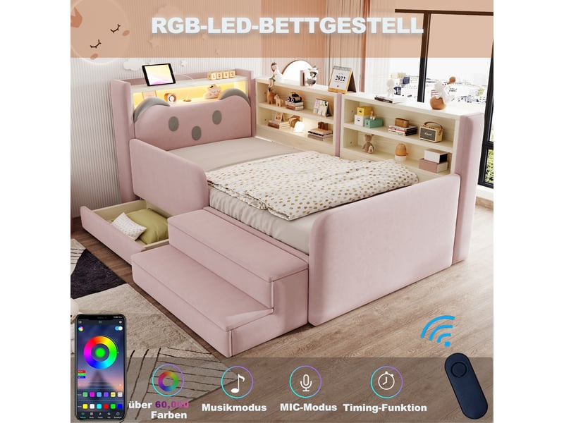 Lit enfant rembourré 90x200 cm, lit avec rangement, led et usb, tête de lit ours avec étagères, tiroir et repose-pieds amovible, velours rose - Conforama E