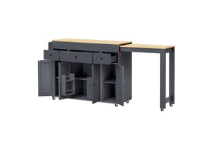 Îlot de cuisine sur roulettes extensible avec étagère à épices, desserte mobile grise en mdf pour cuisine et salle à manger